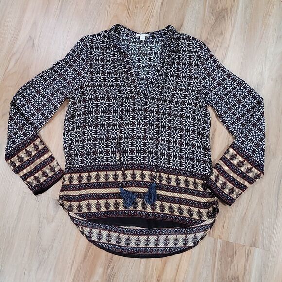 🔺️Timing Blue, Cream, and Red Boho Long Sleeve Blouse - Picture 1 of 10